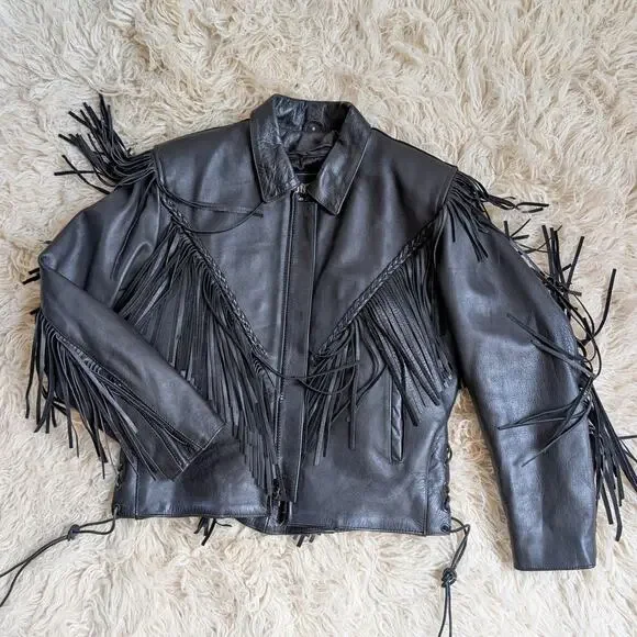 Vintage Black Leather Biker Jacket Fringe Sexy Moto Cowgirl Western Coat Small - Picture 5 of 12